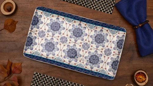 Miniatura 4 de Bico Blue Talavera - Juego de 2 platos rectangulares de cerámica de 14 pulgadas, para servir ensalada, pasta, queso, jamón, aperitivo, microondas