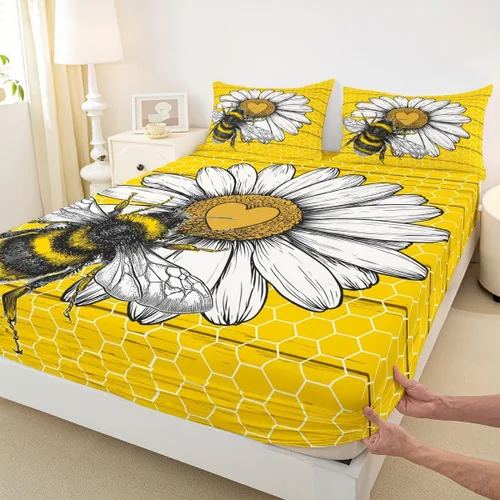 Miniatura 11 de Erosebridal Honey Bee - Juego de sábanas bajeras negras y doradas, tamaño individual, diseño geométrico de panal de abeja para niños y niñas, funda