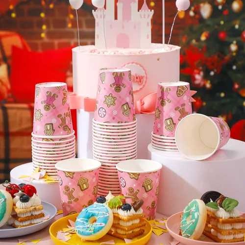 Miniatura 2 de Hushee 50 tazas de café de jengibre rosa de Navidad de 9 onzas, vasos de papel de Navidad con copos de nieve para beber té, bebidas frías calientes