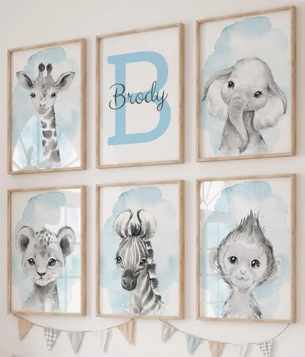 Miniatura 9 de Animales de safari personalizados para habitación de bebé, niño, niña, cuarto de bebé, juego de 3 impresiones sin marco, nombre personalizado, gris