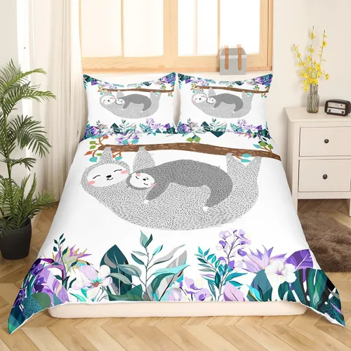 Erosebridal Juego de ropa de cama de perezoso tamaño individual, adorable funda de edredón de perezoso en el árbol para niños y niñas, funda de