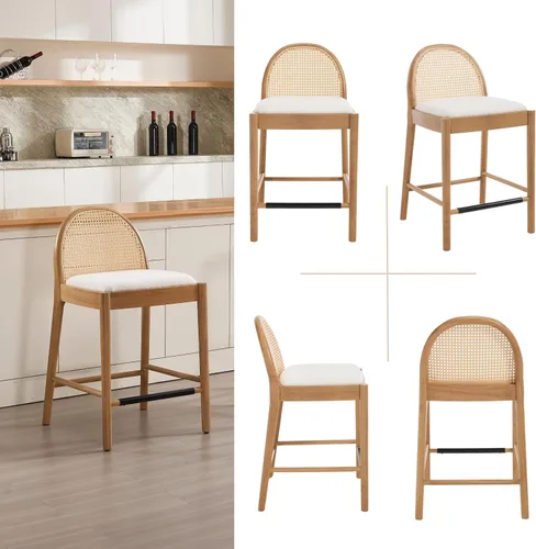 Miniatura 7 de HEAH-YO Taburetes de bar de ratán, juego de 2, taburetes de barra de 26 pulgadas de altura de mostrador con respaldos de ratán y patas de madera
