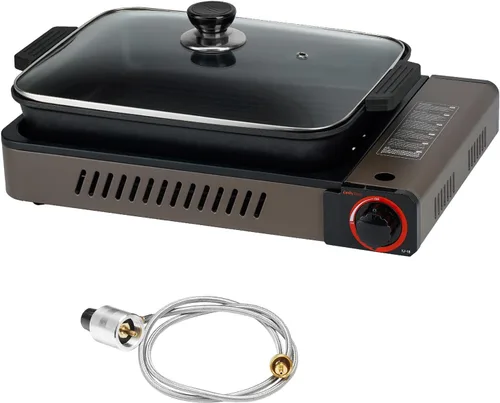 Estufa portátil de gas propano con parrilla y tapa, estufa de camping de butano con encendido instantáneo para patio, cocina en el hogar, camping,