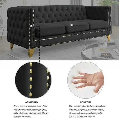 Miniatura 6 de Modern 3 Seater Couch Black Velvet Sofa Upholstered Button Tufted Nailhead Trim, Square Arm Loveseat Sofa, Sturdy Golden Metal Legs, 80.5'' Couch
