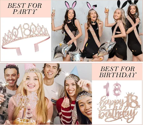 Miniatura 5 de Decoraciones de cumpleaños número 18 para niñas, incluyendo banda de reina de regalos de feliz cumpleaños número 18 con alfiler de perlas, corona