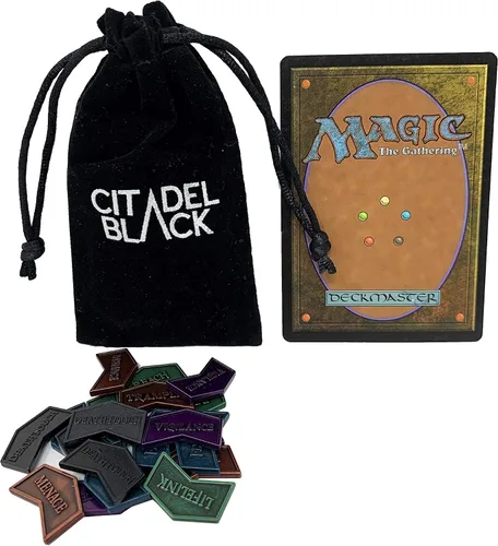 Miniatura 7 de Citadel Black MTG - Contadores de palabras clave de metal, juego de 24 fichas reversibles, incluye bolsa de cordón, acabado de metal antiguo