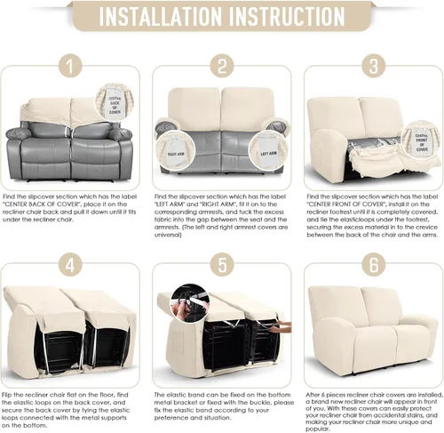 Miniatura 7 de TAOCOCO Funda para sofá biplaza reclinable, 6 piezas, fundas dobles para sofá biplaza reclinable doble de 2 asientos, protector de muebles con Beige