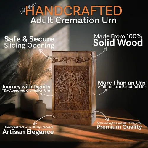 Miniatura 4 de Urna de cremación de madera tallada a mano para cenizas humanas, diseño de árbol de la vida, capacidad de 250 libras, adecuada para hombres y Árbol