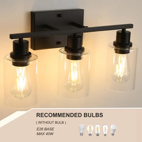Miniatura 4 de Lámparas de tocador de baño de 3 luces, apliques de pared negro mate con pantallas de vidrio transparente, iluminación de pared moderna de granja