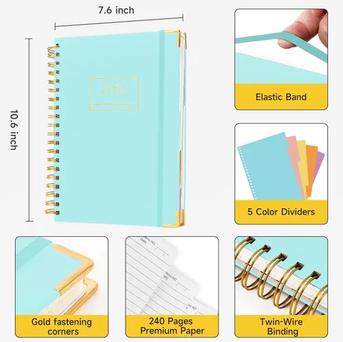 Miniatura 2 de Huhuhero Cuaderno Diario de Espiral con Líneas, Cuaderno de 5 Materias con Divisores, 7.6" x 10.5", 240 Páginas Diarios de Tapa Dura para Mujeres