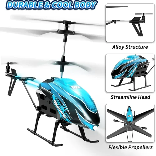 Miniatura 7 de Dwi Dowellin Helicóptero a control remoto, juguete de helicóptero para niños con 26 minutos de vuelo (2 baterías), 8 modos de luz, fácil control Azul