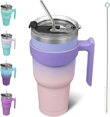 Miniatura 69 de BJPKPK Vaso con asa de acero inoxidable de 20 onzas, con aislamiento de doble pared, con tapa y pajita, color rosa claro A-rosa claro