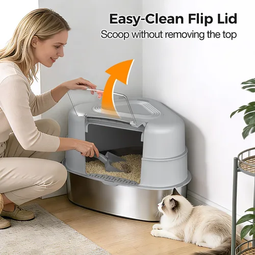 Miniatura 6 de Chumajor Caja de arena XXL de acero inoxidable para gatos con tapa, resistente, sin olor y ahorro de espacio, diseño oculto para gatos grandes