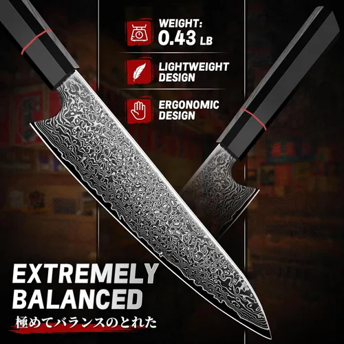 Miniatura 6 de Cuchillo de chef de damasco TIVOLI de 8 pulgadas, cuchillo de cocina japonés forjado a mano de alto carbono con mango octagonal, cuchillo de cocina