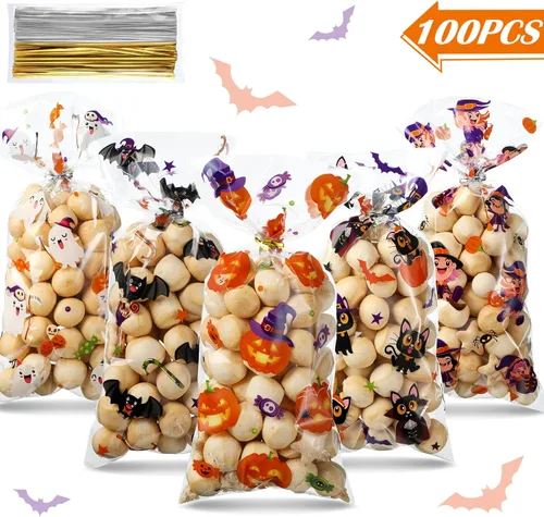 Miniatura 3 de Pajean Bolsas de celofán de Halloween a granel, bolsas de plástico para violonchelo con lazos giratorios, suministros de fiesta temática