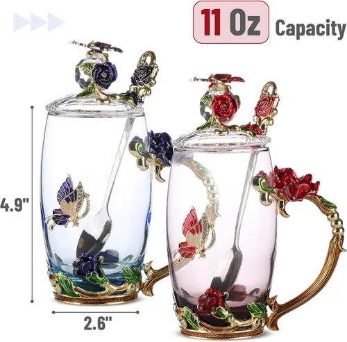 Miniatura 3 de BTAT - Juego de tazas de té de vidrio floral con cuchara y tapa, paquete de 2, 11 onzas, azul y rojo, diseño de mariposa y flor con caja de regalo