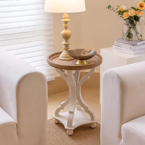 Miniatura 8 de Mesa auxiliar rústica de granja, mesa auxiliar con bandeja natural para familia, comedor o sala de estar, acabado artesanal, moderna, color blanco
