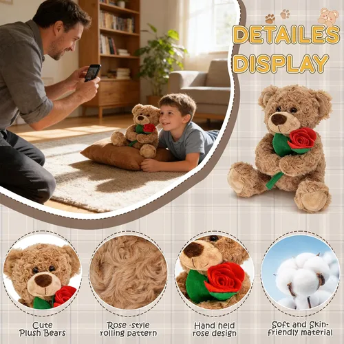 Miniatura 4 de Muñeca de oso de peluche de 12 pulgadas con rosa, juguetes de animales de peluche suaves para regalos de decoración del hogar para ella/novia