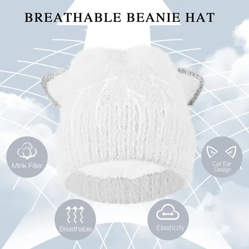 Miniatura 5 de Gorro de punto de invierno para mujer, guantes para pantalla táctil, bufandas, cálido y suave, con orejas de gato, gorras de calavera, bufandas