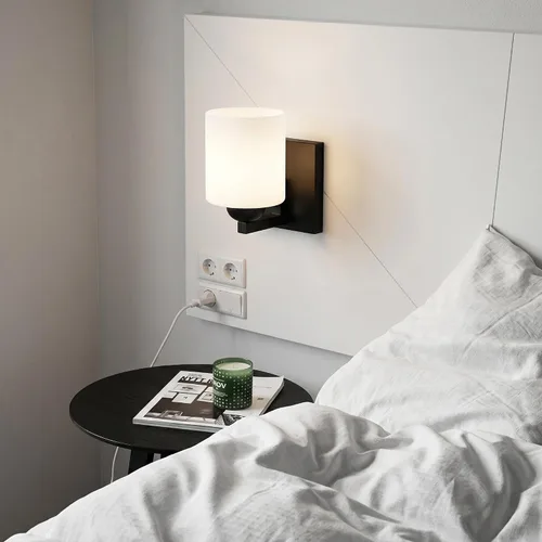 Miniatura 6 de mirrea Lámpara de tocador negra de 1 luz para espejo, aplique de pared de baño con pantallas de vidrio blanco esmerilado