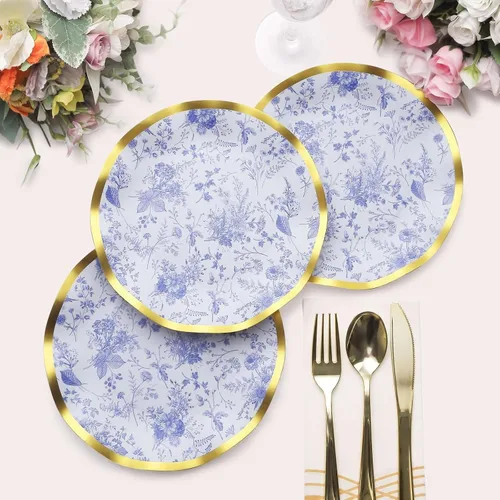 Miniatura 5 de Efavormart - Paquete de 25 platos de postre de papel chino chino azul y blanco con borde ondulado dorado de 11.32 oz/m² para recepciones y fiestas