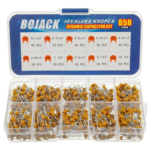 BOJACK 10 valores de tipo 650 piezas de condensadores de cerámica surtido de condensadores de 0.1uf/100 nF a 10 uF en una caja