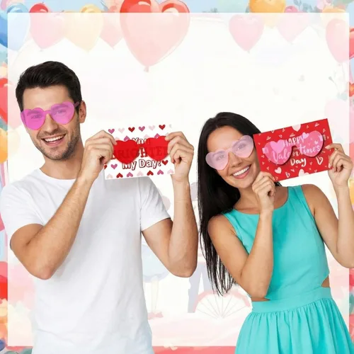 Miniatura 6 de Kathfly 30 juegos de tarjetas de San Valentín con lentes de sol de corazón a granel para regalos unisex (lentes de corazón rosas)