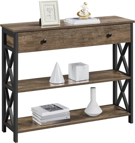 Yaheetech - Mesa de consola con cajón y 2 estantes abiertos de almacenamiento, mesa de sofá para sala de estar, mesa estrecha de 3 niveles para