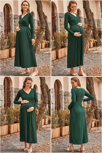 Miniatura 4 de OUGES Vestido largo de manga larga con cuello en V para mujer, con bolsillos, ropa de maternidad, vestidos de lactancia