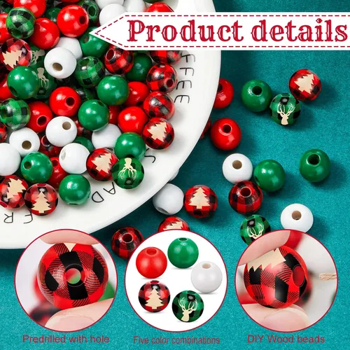 Miniatura 3 de 1000 cuentas de madera a cuadros de 0.472 pulgadas para manualidades, día de San Valentín, Navidad, joyería (rojo, verde, blanco, patrón múltiple)