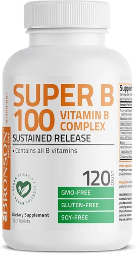 Miniatura 5 de Bronson Super B100 Complejo de Vitamina B de liberación sostenida contiene todas las vitaminas B (vitamina B1, B2, B3, B6, B9 - ácido fólico, B12)