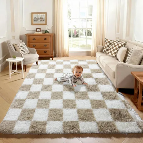 Miniatura 38 de KICMOR - Tapete a cuadros afelpado, peludo, mullido, color beige y blanco crema, pequeño, de 2 x 3 pies, para dormitorio, sala, junto a la cama