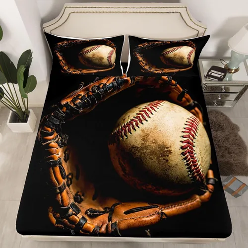 Miniatura 2 de Erosebridal Sábana Bajera de Béisbol Tamaño Queen Juego de Sábanas de Juego Deportivo Juego de Ropa de Cama de Jugador de Béisbol para Niños Chicos