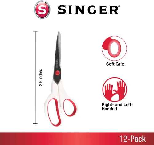 Miniatura 2 de SINGER Tijeras de tela de 8-1/2 pulgadas con agarre cómodo, rojo y blanco, paquete de 12