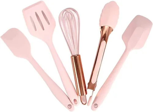 Collfa Juego de cinco piezas de utensilios de cocina pequeños en color oro rosa y rosa, herramientas de cocina de silicona mini para niños, incluye