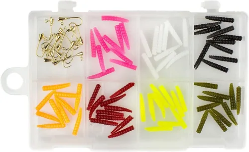 Leland's Lures Trout Magnet - Kit de 85 mini imanes de 85 piezas, incluye 70 cuerpos de larva y 15 ganchos de tamaño 14, para pesca con mosca o con
