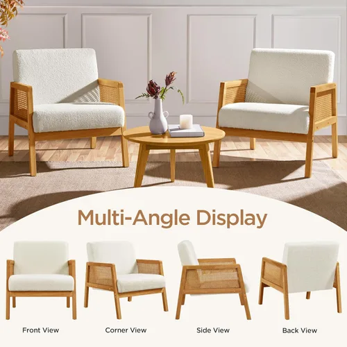 Miniatura 9 de Yaheetech Silla decorativa, sillón moderno de ratán, cómoda silla de lino con patas de madera para sala de estar, dormitorio, sala de lectura, Beige