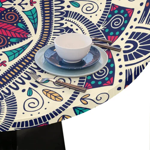 Miniatura 6 de Pardick Mantel Redondo Ajustable de Mandala Bohemia, Cubierta de Tela Redonda, Mantel Impermeable Antiarrugas con Borde Elástico, Decorativo