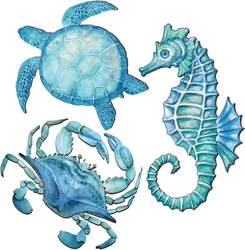 Miniatura 12 de Tatuo 3 piezas de decoración de pared costera de verano para baño, playa, arte de pared azul, tortuga de mar, tabla de surf, caballito de mar