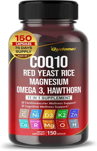 Coenzima Q10 (Ubiquinona) Levadura Roja Arroz Espino Omega 3 Vitamina C Niacina Zinc Vitamina K2-150 Cápsulas