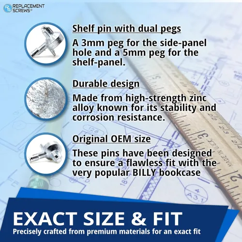 Miniatura 3 de ReplacementScrews 16 pines Billy para estantería/clavijas compatibles con IKEA Parte 131372 - Soportes de estante de aleación de zinc fundido a