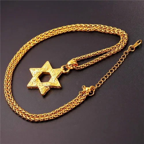 Miniatura 54 de U7 - Collar con Estrella de David para hombres y mujeres, dije hexagonal de acero inoxidable con cruz/piedra de rubí/collares clásicos judíos