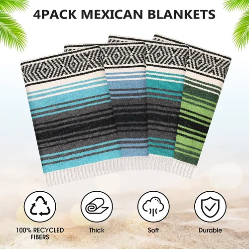 Miniatura 3 de Oudain 4 mantas mexicanas tejidas a mano a granel, manta de yoga mexicana colorida falsa serape, manta tejida bohemia para acampar al aire libre