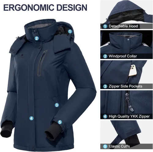 Miniatura 4 de CAMEL CROWN Chaqueta de esquí para mujer, impermeable, cálida, para invierno, con capucha, rompevientos, rompevientos, resistente al viento