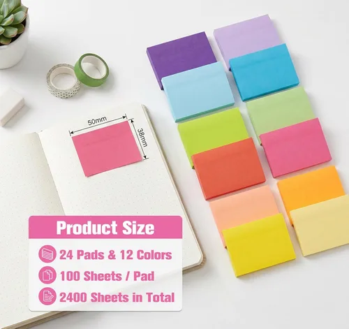 Miniatura 3 de Agoer 2 notas adhesivas pequeñas de 1.5 pulgadas, 100/blocs x 24 blocs de notas de colores, 12 notas autoadhesivas de colores brillantes, notas 24