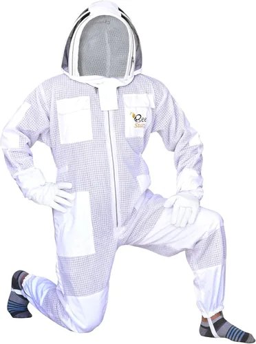 Miniatura 5 de Traje de abeja de 3 capas con velo de esgrima y un par de guantes ventilados a prueba de picadura traje de apicultura para apicultores Blanco