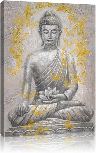 Miniatura 2 de Yidepot Lienzo decorativo de Buda para pared, lámina dorada: estatua zen con textura de flor de loto para budismo, decoración de pared, carteles