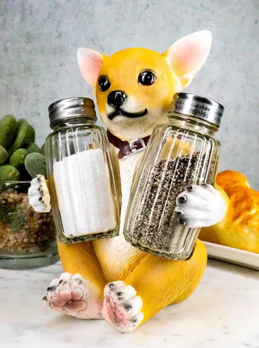Miniatura 8 de Ebros Picante - Juego de figuras de taza de té de color marrón claro, chihuahua con collar, salero y pimienta, 6.25 pulgadas de alto, Chi Chi Taco