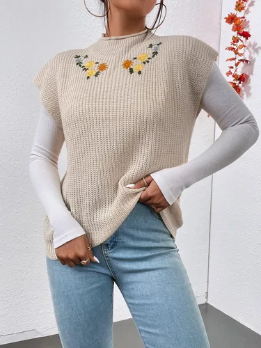 Miniatura 5 de Floerns Chaleco de suéter con cuello alto bordado floral para mujer