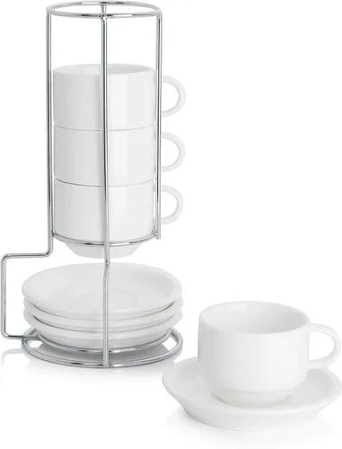 SWEESE - Tazas de porcelana apilables, de 8 onzas, con platillos y soporte de metal, para bebidas especializadas del café, capuchino, latte, Blanco